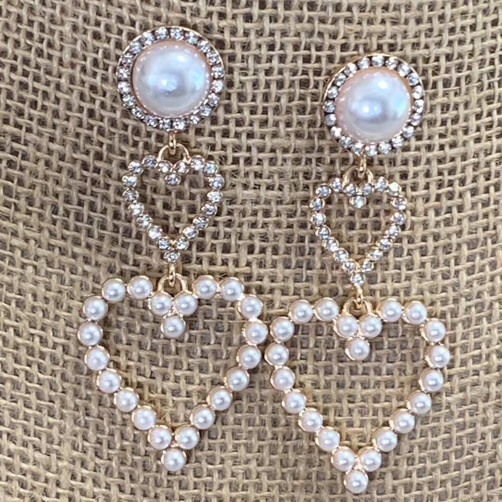 Gold Tone Faux Pearl Rhinestone Double Heart Tiered Drop Earrings Statement 5093